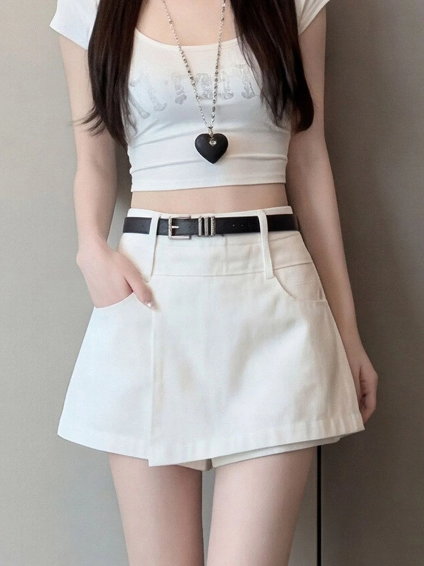White High Waist Slim Fit Asymmetrical Short Skirt Pants Women's Autumn Design A-Line Half-length Skirts Casual Vintage Style