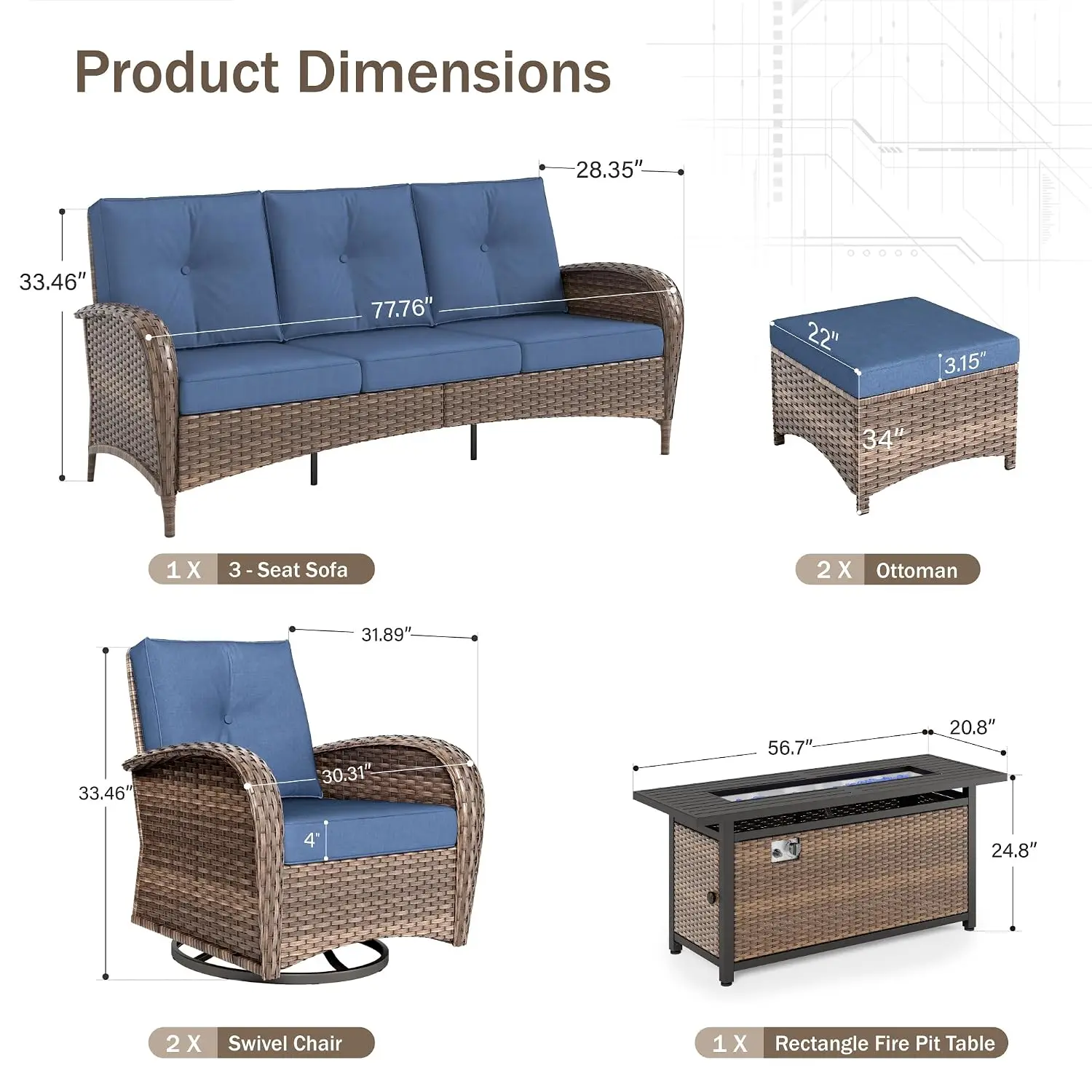 Wicker Outdoor Patio Furniture Set with Fire Pit Table, Navy Blue