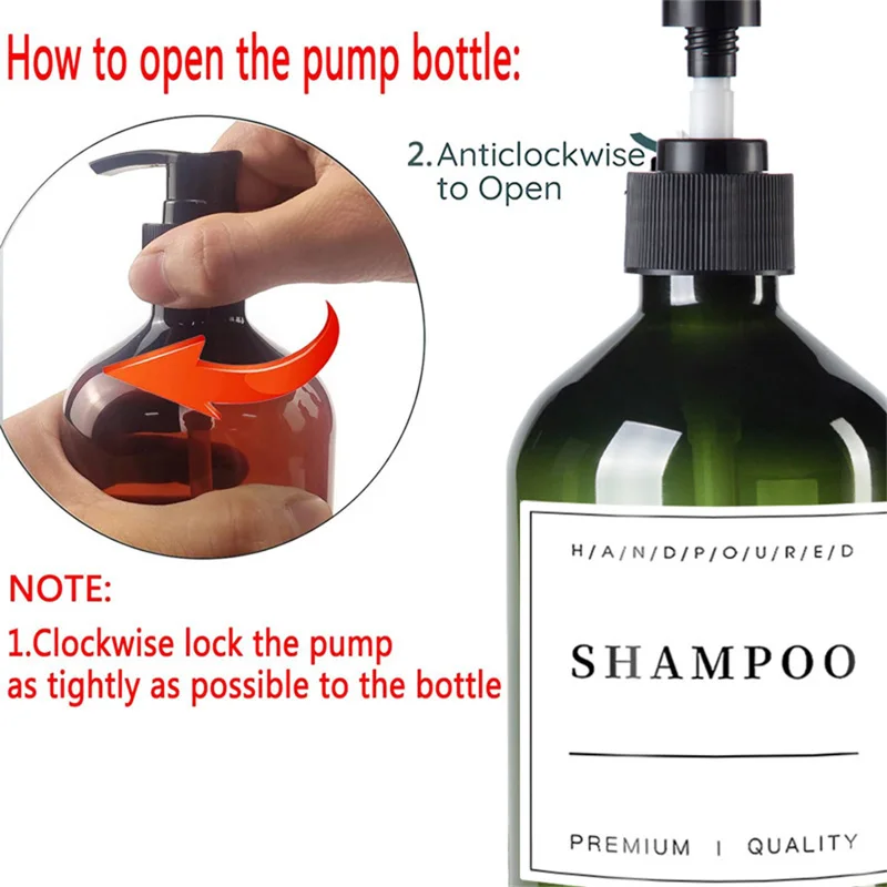 2x 500ML Plastic Pump Dispenser Bottle Refillable Empty Bottle Container with Pump & Label for Essential Oil Soap Lotion Shampoo