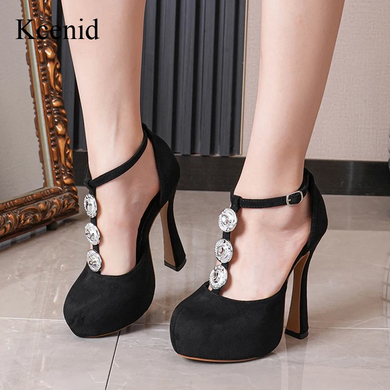 

Женские туфли Kcenid на высоком каблуке 13 см, модные туфли-лодочки на платформе со стразами, удобные женские туфли-лодочки, летняя Женская Классическая обувь с Т-образной шнуровкой