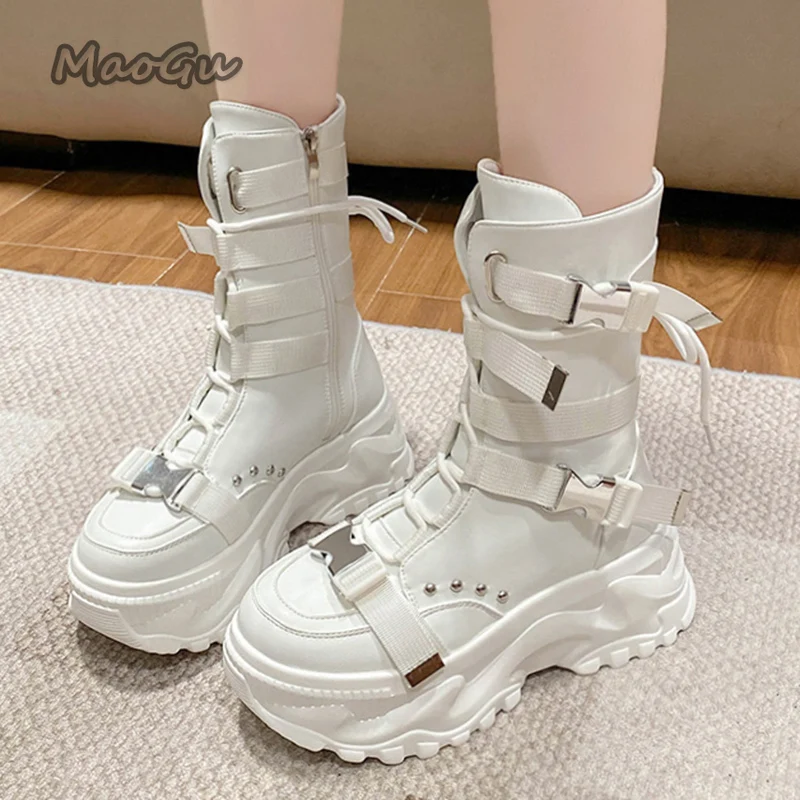 موضة سميكة وحيد منصة دراجة نارية الأحذية النسائية مشبك الأشرطة أسود أحذية بوت قصيرة للمرأة الخريف الشتاء بوتاس موهير حجم 35