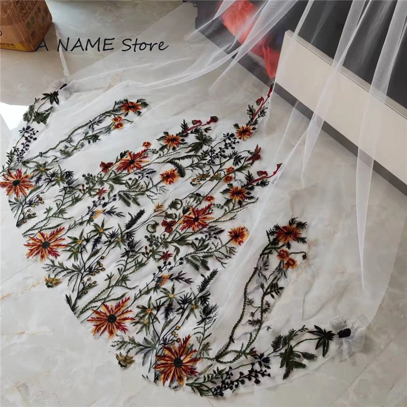 Wedding Bridal Veils Cathedral Long For Brides Floral Leaves Flowers Colorful  Comb White Ivory Tulle Embroidered Cotton Lace