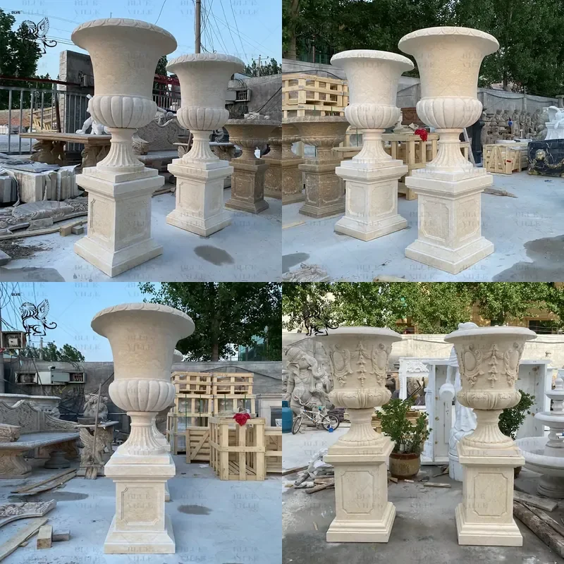 for Western Garden Decoration Classic Natural Stone Travertine Vase Pot Beige Marble Pot