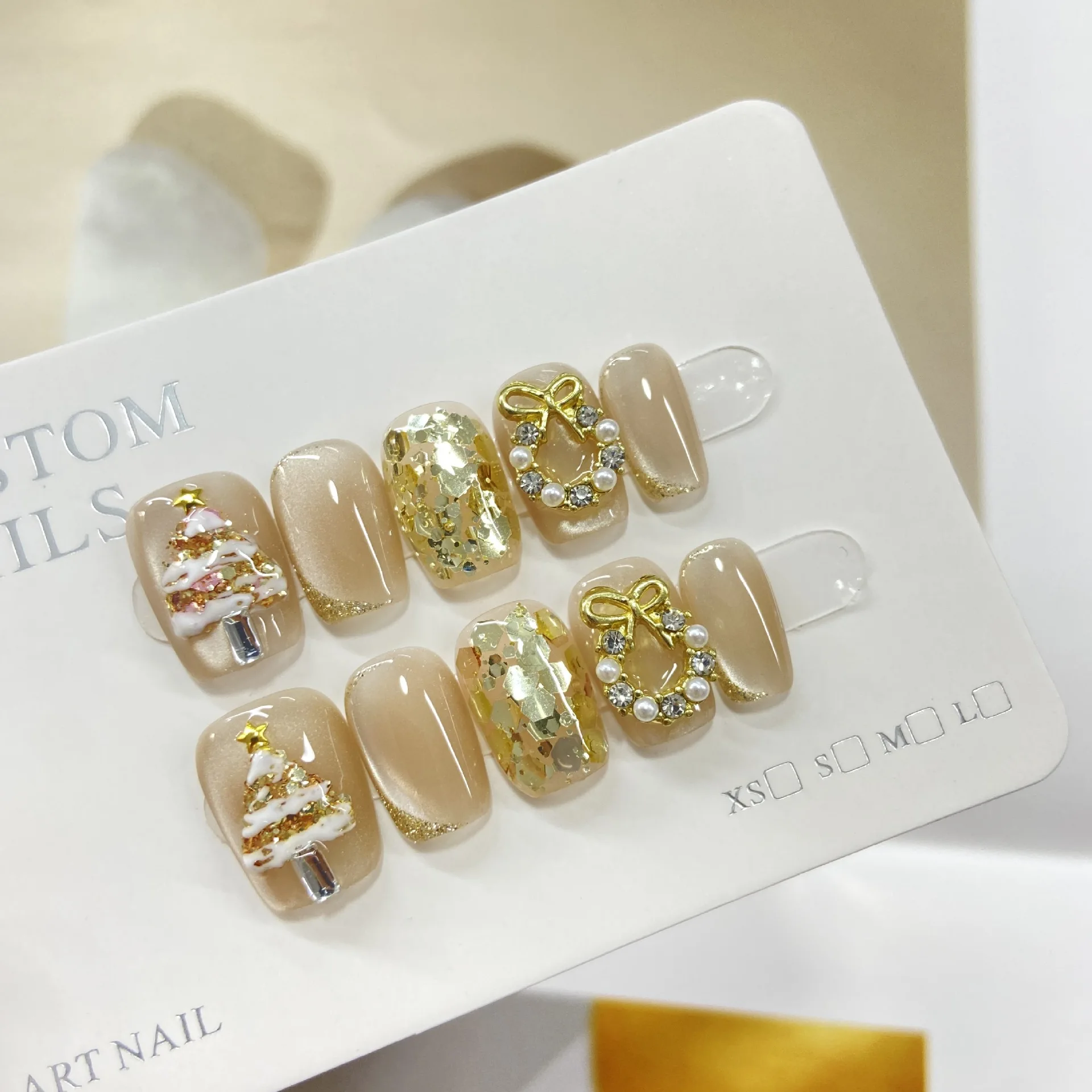 Christmas 10 Pieces Handmade Press On Nails Gold Sequins Christmas Tree Wreath Wearable Removable Fake Nails