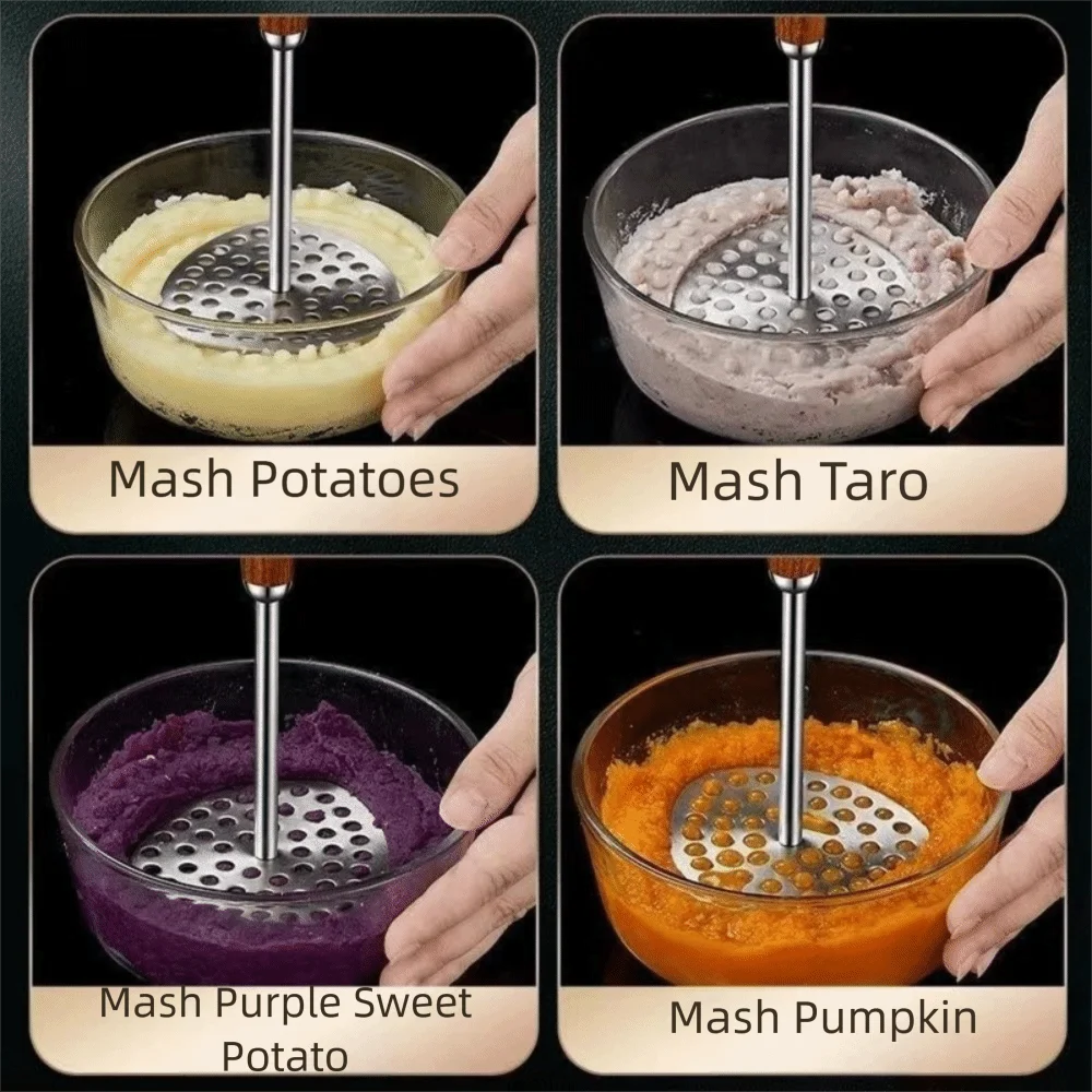 

Hand Tool Stainless Steel Potatoes Masher Small Hole Good Grip Avocado Masher Multi-Purpose Wooden Handle Kitchen Tool Kitchen