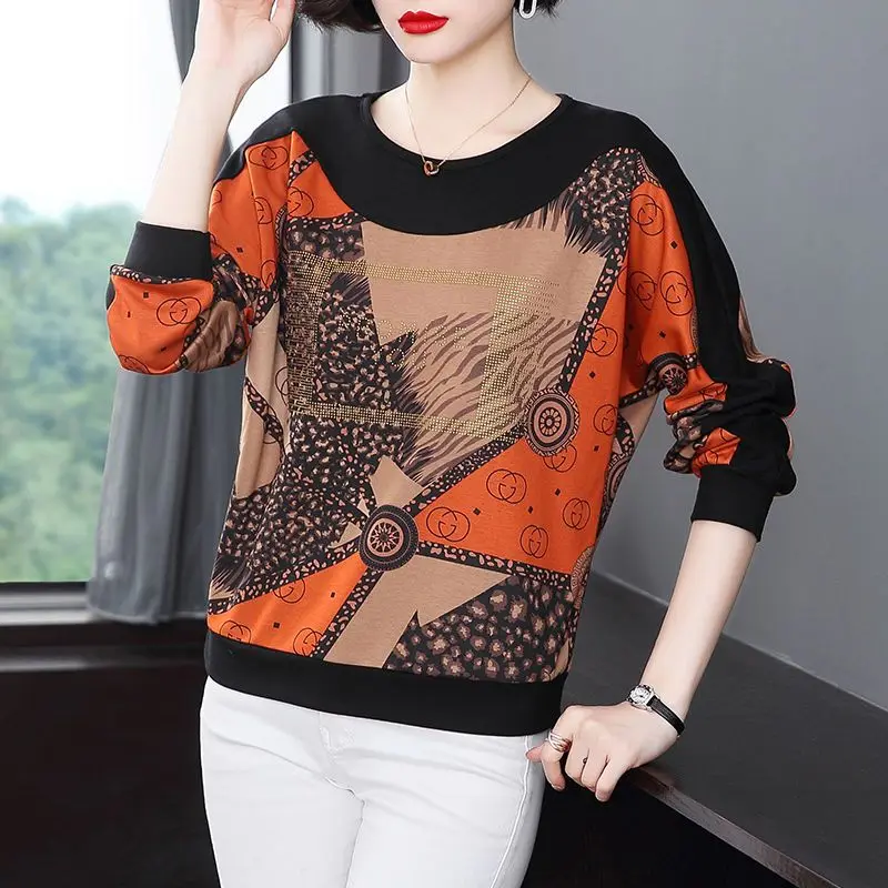 Spring Autumn Female Fashion Loose Patchwork Printing T-shirt Women\'s Clothing All-match Vintage Long Sleeve Round Neck Tops