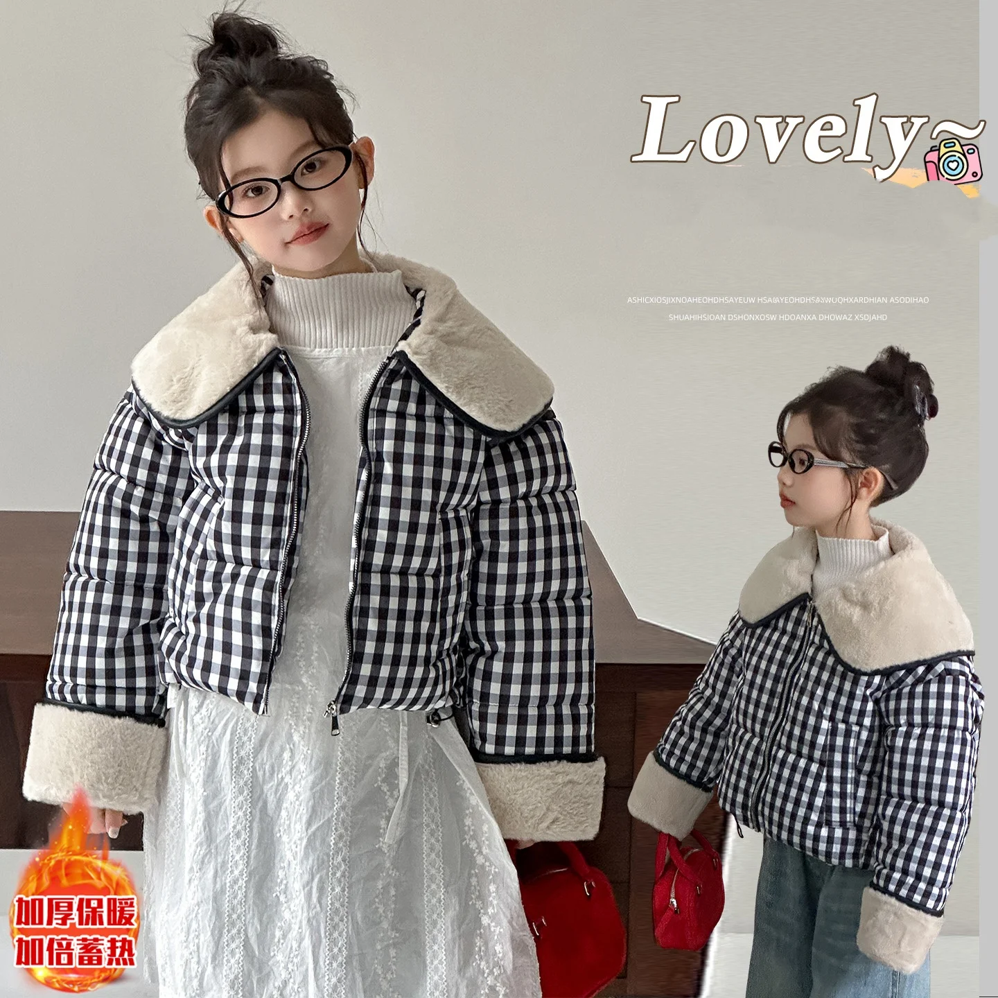 

Plaid Print Down Jacket Winter New Korean Chic Lamb Wool Large Lapel Thick Loose Casual Fashion Puffer Coat Tween Kids Warm Coat