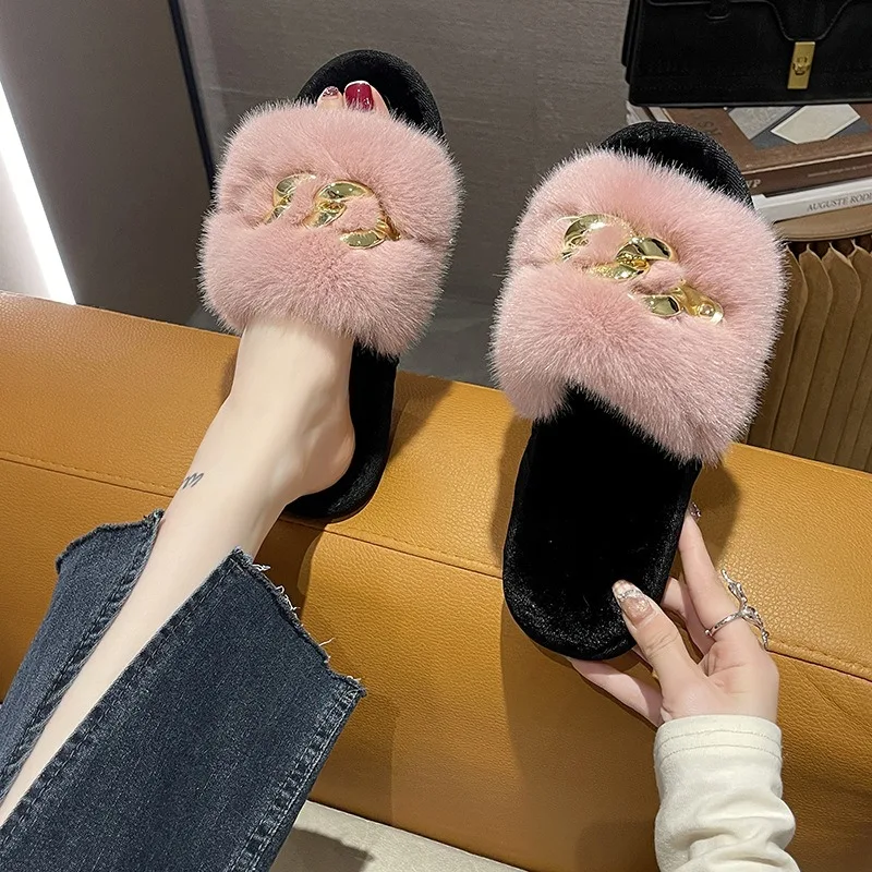 Autumn /winter Metal Chain Woolen Cotton Slippers Fashion Warm Women's Large Fur Flat Heel Straight Slippers Home Cotton Slipper