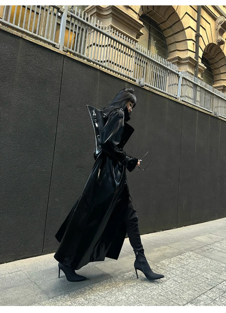 Lautaro Spring Autumn Extra Long Oversized Cool Reflective Shiny Black Patent Leather Trench Coat for Women Belt Runway Fashion