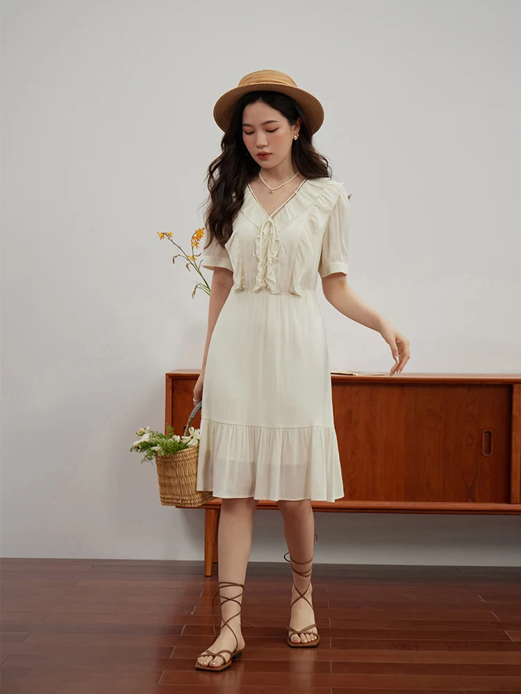 DUSHU French Sweet Sense Wood Ear A-Line Dress for Women Summer Newly Pastoral Style V-neck Length Optional Dress Female