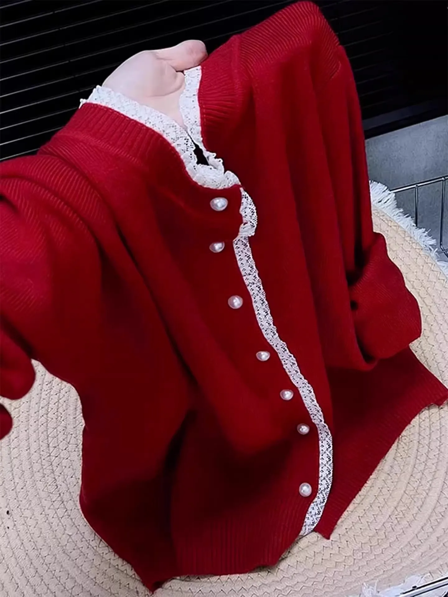 

Ele Lace Knitted Open Cardigan Women's Long Sve Patchwork Floral Trim Premium Feel Trendy Small Fraance Sle Top