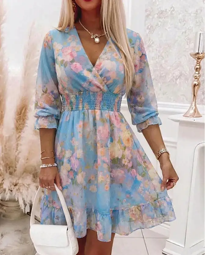 

Women's V-Neck Waist Cinched Flower Print Double-Layer Sheer Splicing Drawstring Slimming A-Line Five Quarter Sleeve Dress