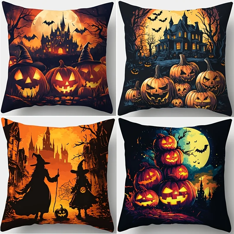 4 Piece Halloween Printed Pillow Cover Set Spooky Gothic Witch Pumpkin Haunted House Seasonal Print Home Decor Throw Cushion