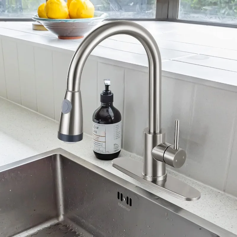 LED Kitchen Faucet with Pull Down Sprayer, Brushed Nickel Single Handle Kitchen Sink Faucet with Pull Out Sprayer