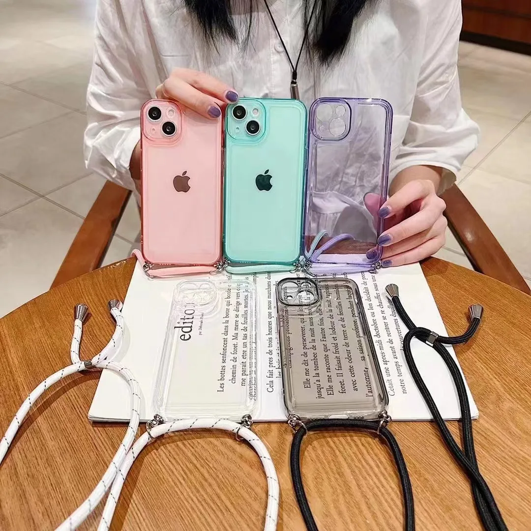 Necklace Strap Phone Case For iPhone 17 16 15 pro 14 Pro 13 Pro Max 12 11 XS X XR SE2 6 7 8 Plus Transparent Soft TPU Chain Case