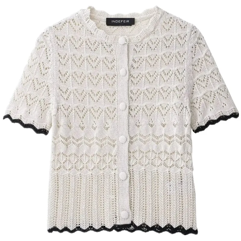 2025年夏新作 カジュアルニット ラウンドネック 半袖 アウター レディースファッション 通気性メッシュデザイン 快適なフィット感