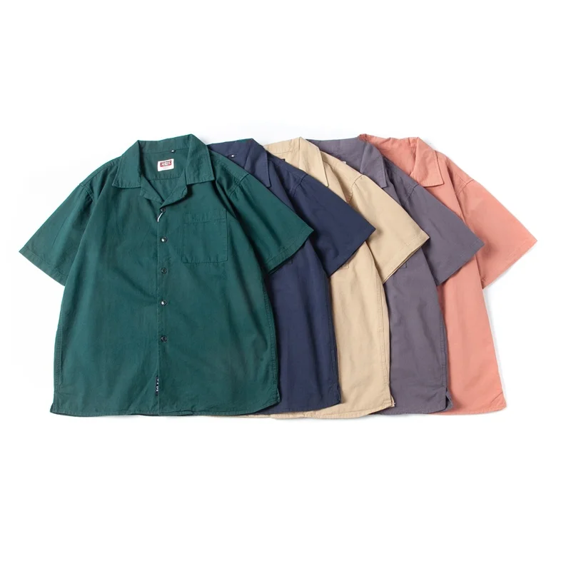 

Cuban Collar Short Sleeve Pure Cotton Washed Men's Shirt Loose Summer Stylish Hong Kong Style Top American Retro Style