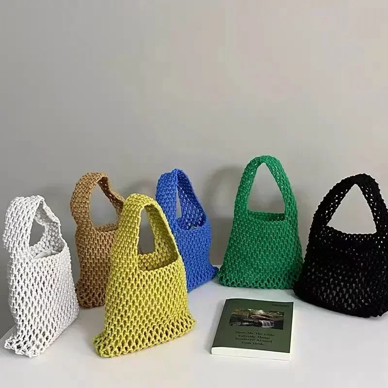 BJH-01 Summer Hand Woven Tote Bags Knitting Crochet Beach Shoulder Bag Hollow Out Handbag Ladies  Straw Rope