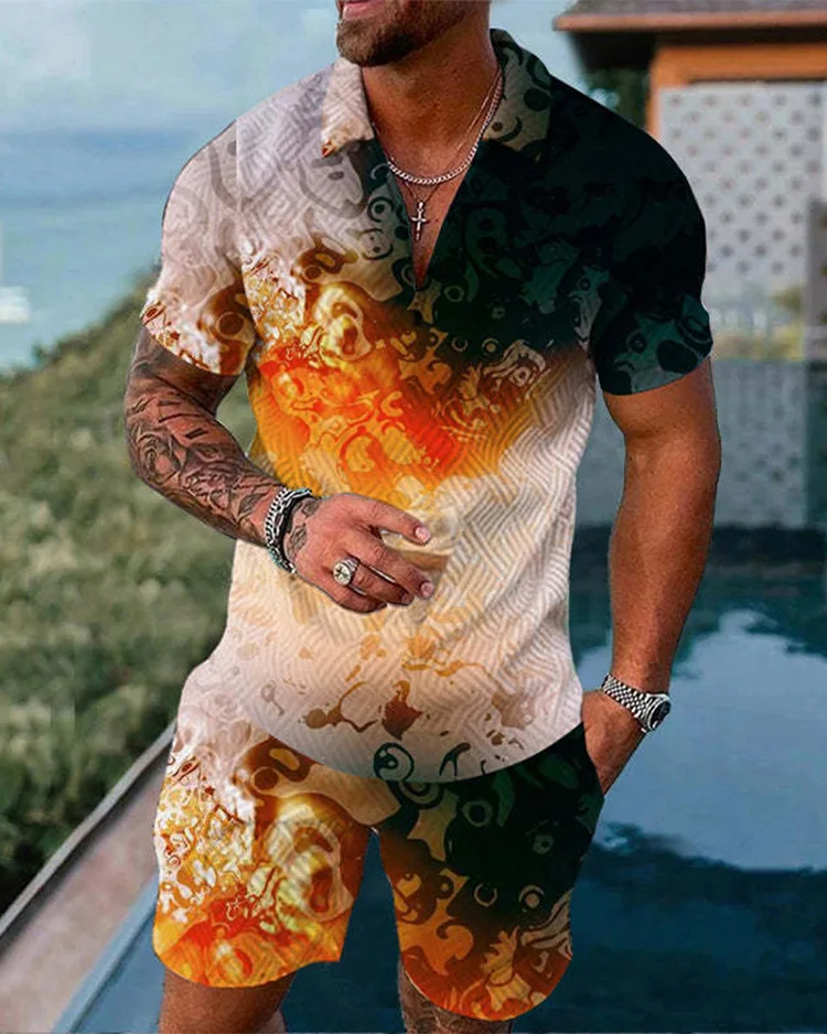 

Casual Zipper Collar Polo Shirts And Shorts Paired With Colorful Printed streetwear, Summer Fashionable Printed men's Sportswear