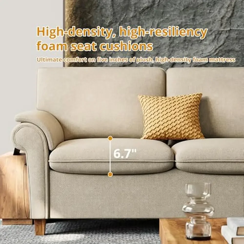 Sofá moderno bege de 89 polegadas, porta USB, sofá de 3 lugares, móveis para sala de estar