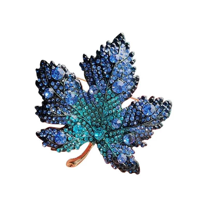 1PCS Blue Color Shining Maple Leaf Brooches Elegant Rhinestone Pin Fashion Clothes Jewelry Beautiful Wedding Party Accessories