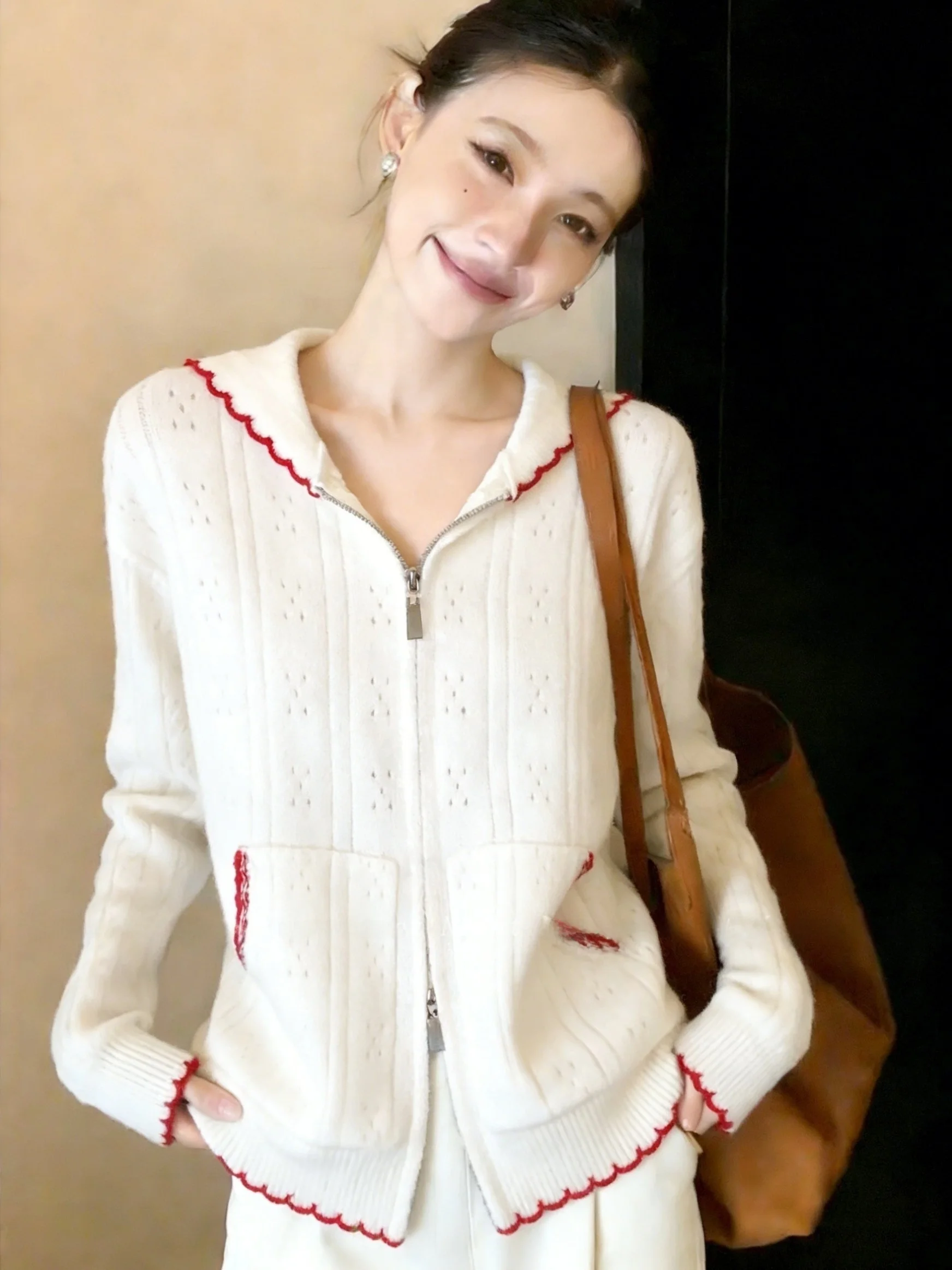 

Женская вязаная толстовка Ele с вырезами, на молнии, с эффектом омоложения, премиум-класса, прямого кроя, для повседневной носки, с длинными рукавами