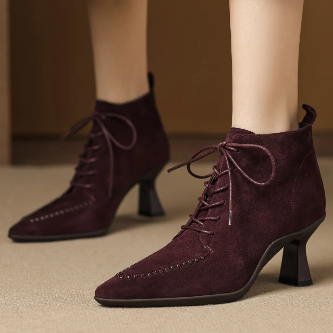 

Women's natural suede leather pointed toe lace-up autumn ankle boots elegant ladies 7cm thin high heel daily dress short booties