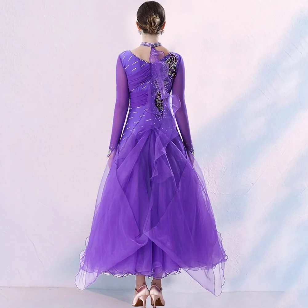 왈츠 의상 데칼 현대 스 트리머 스포츠 댄스 드레스 긴 소매 표준 성능 드레스 라인 석 블루 레드