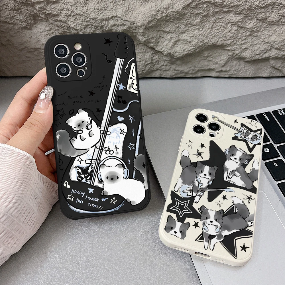 Music Guitar Dog Phone Case for Oppo A98 A96 A94 A78 A74 A60 A57 A54 A53 A38 A17 A16 A15 4G 5G Straight Edge Soft Silicone Cover