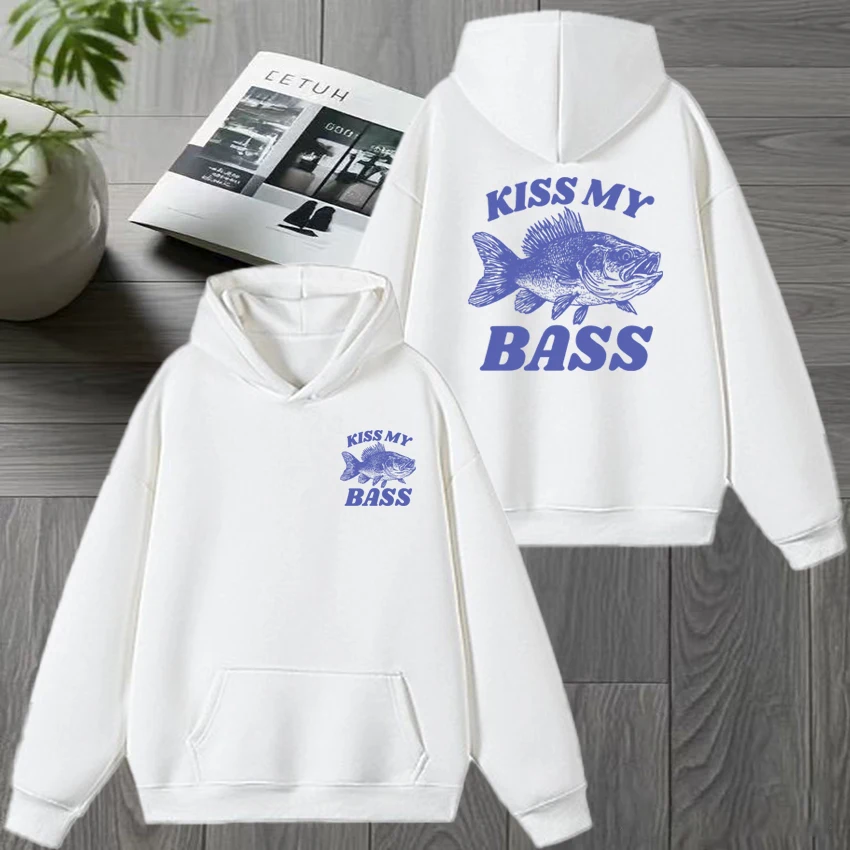 

2025 New Funny Humor Fishing Kiss My Bass Hoodie Unisex harajuku Fleece Sweatshirt Men women Casual Winter Long sleeve pullover