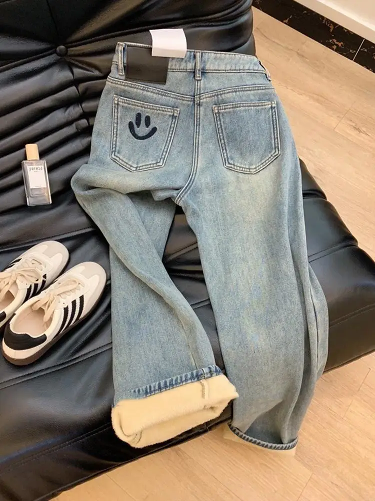 

Trendy Fleece Lined Narrow Jeans Women's Wide Leg Pants Straight Cut Spring Summer Casual Comfortable plus Size Jeans