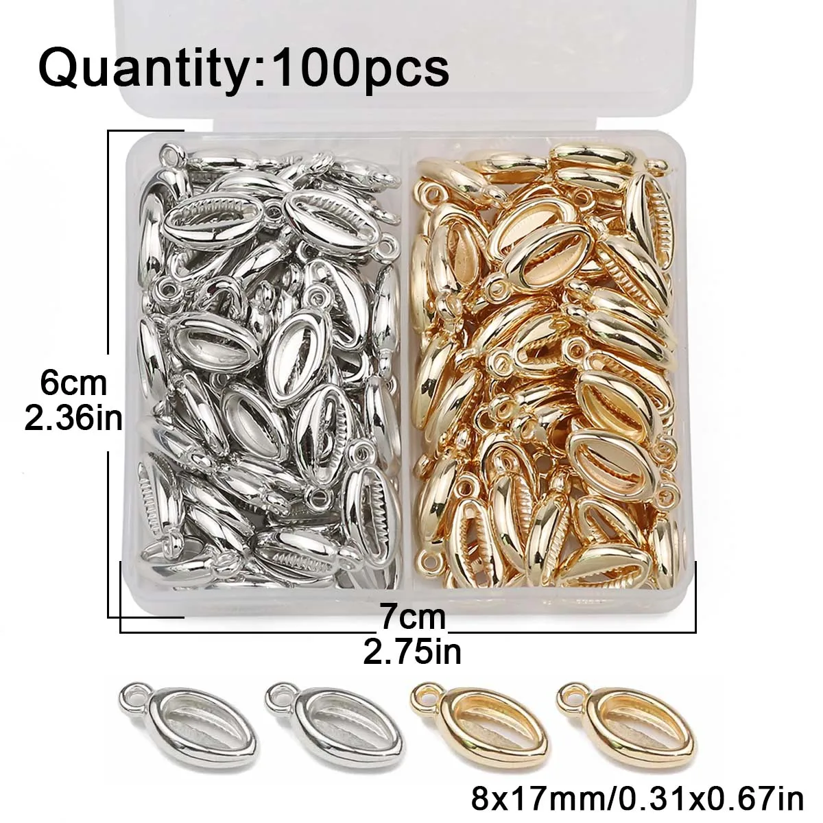 DIY Set Box 100PCS 8x17MM Shell Shape CCB Pendant Gold Silver Color Loose Beads For Jewelry Making Bracelet Necklace Accessories