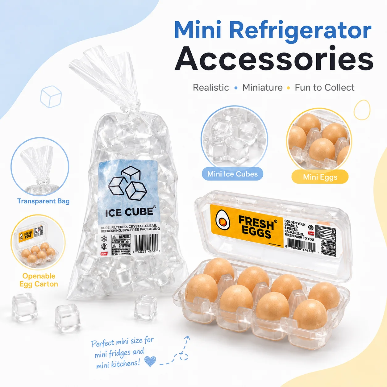 Original Mini Brand Fill The Fridge Luxury Hidd Mini Miniature Toy Ice Cubes Bag Fresh Eggs Carton Mini Kitchen Toy