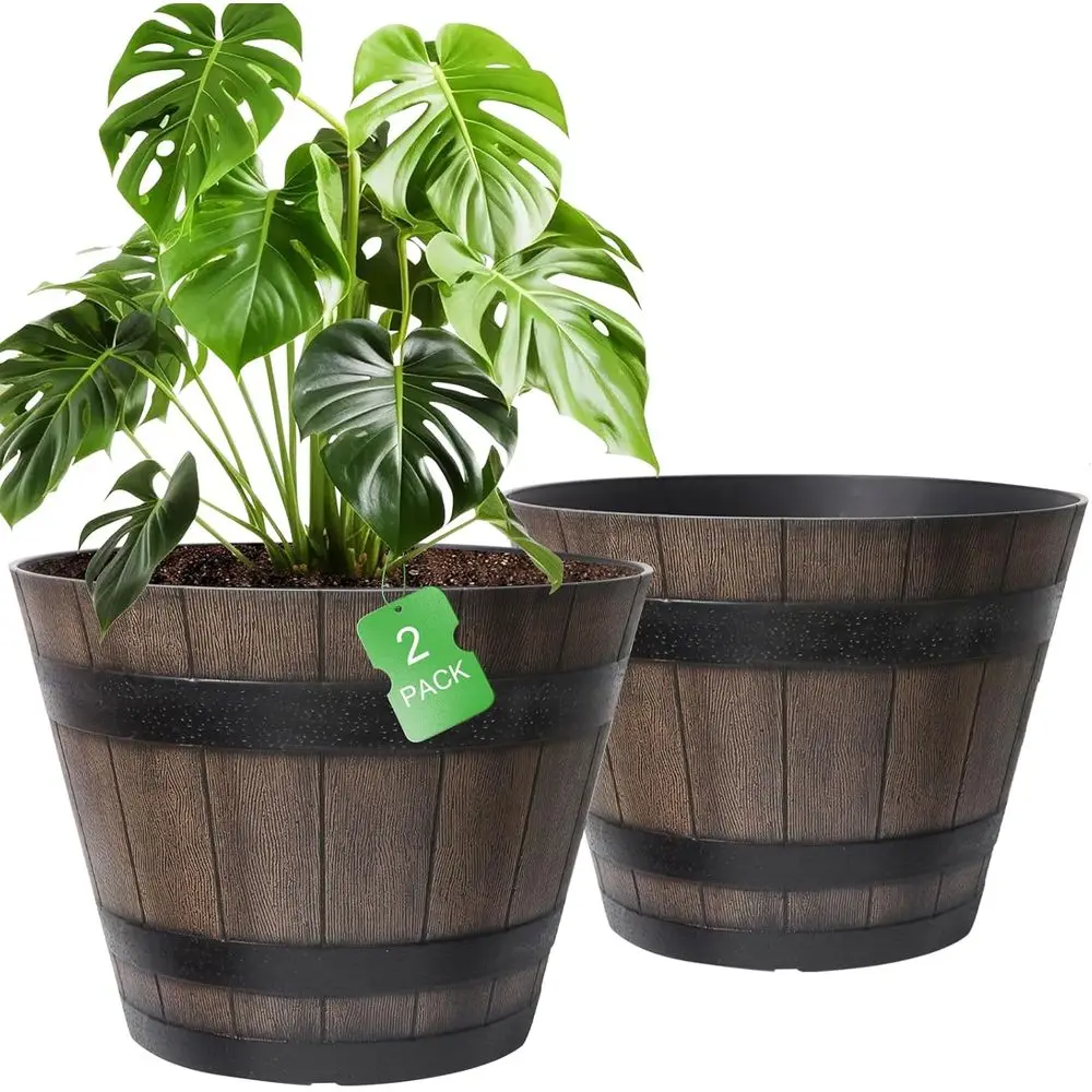 Large Plant Pots, 22.25 Inch 2 Pack Plastic Whiskey Barrel Planters, Big lower Pots Wine Barrel Design or Outdoor Indoor, Garden