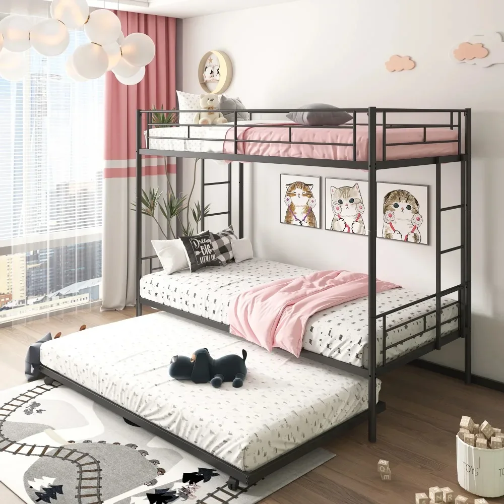 

Modern Twin over Twin Bunk Bed, Metal Bunk Bed with Flat Ladder & Safety Guardrail, Convertible Trundle Bunks Beds Frame