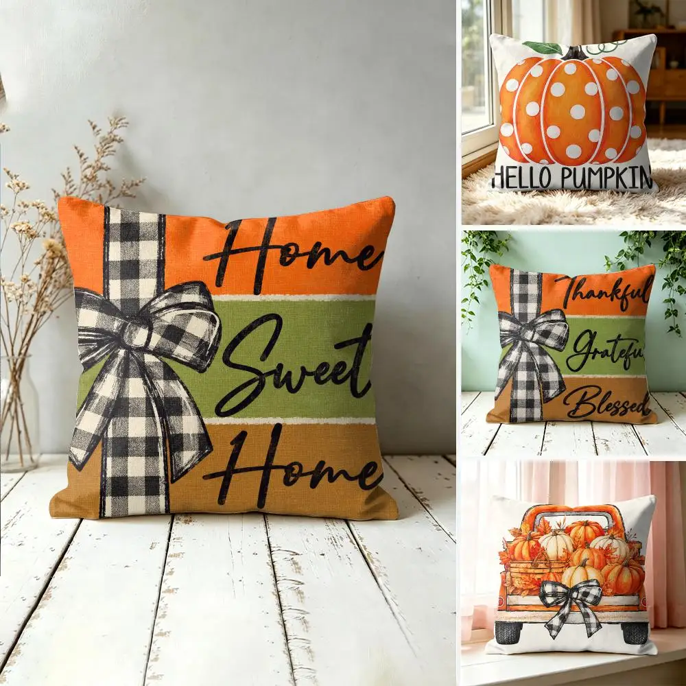 Fall Pumpkin Truck Buffalo Plaid Cushion Cover Silky Short Plush Invisible Zipper Dustproof Sofa Pillow Case For Home Decor
