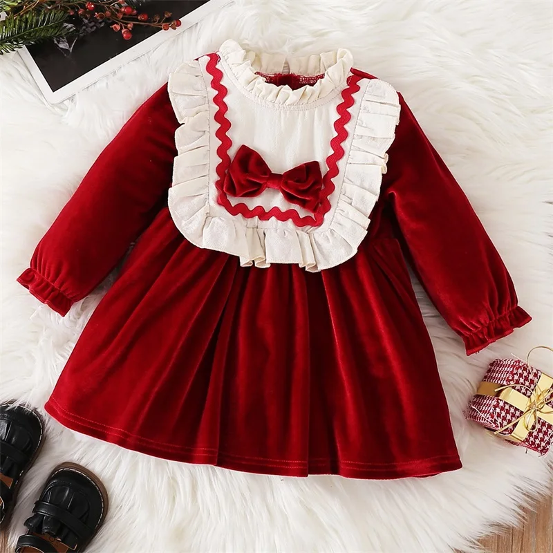 Christmas Princess Party Dress for Girl Patchwork Ruffled Neck Long Sleeve Bowknot Front A-Line Tutu Dress