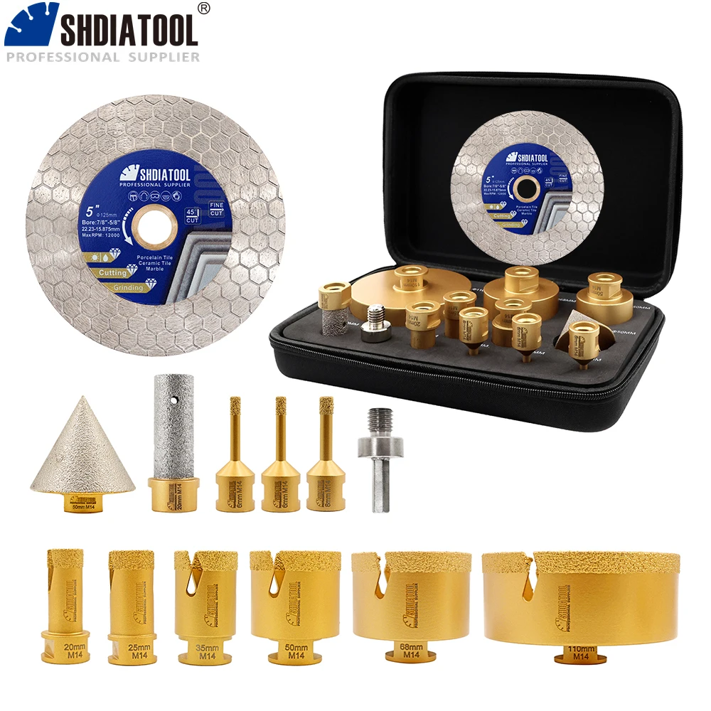 SHDIATOOL Juego de 13 Brocas de Diamante de 6-110 mm + Broca de Bisel de 50 mm + Broca de Fresado + Adaptador de Disco de Corte de 125 mm