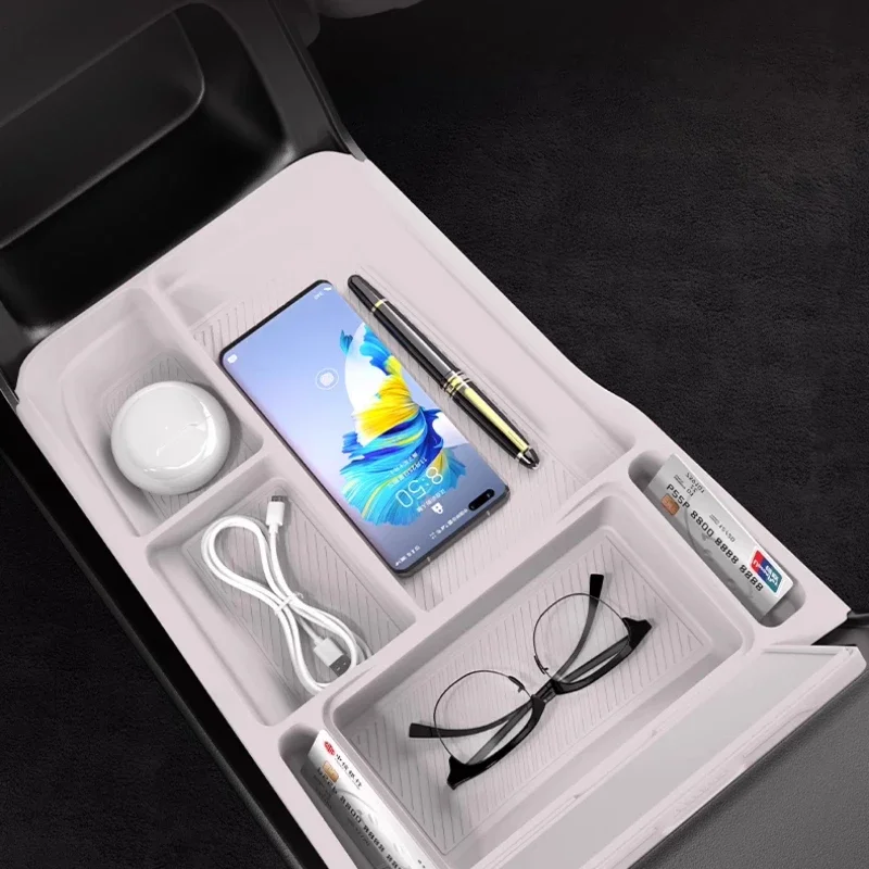For Xiaomi SU7 - Double-Layer Glove Box Organizer Under Center Console Armrest Storage Case Car Accessories Car Storage Box view 5