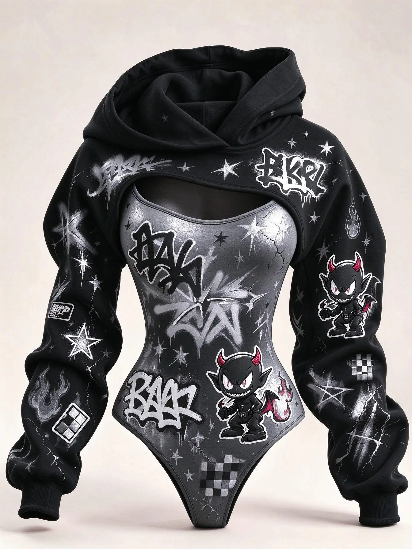 Women 2Pcs Pink Cute Devil Graffiti Star Flame Print Bodysuit + Hooded Shrug Halloween Costume