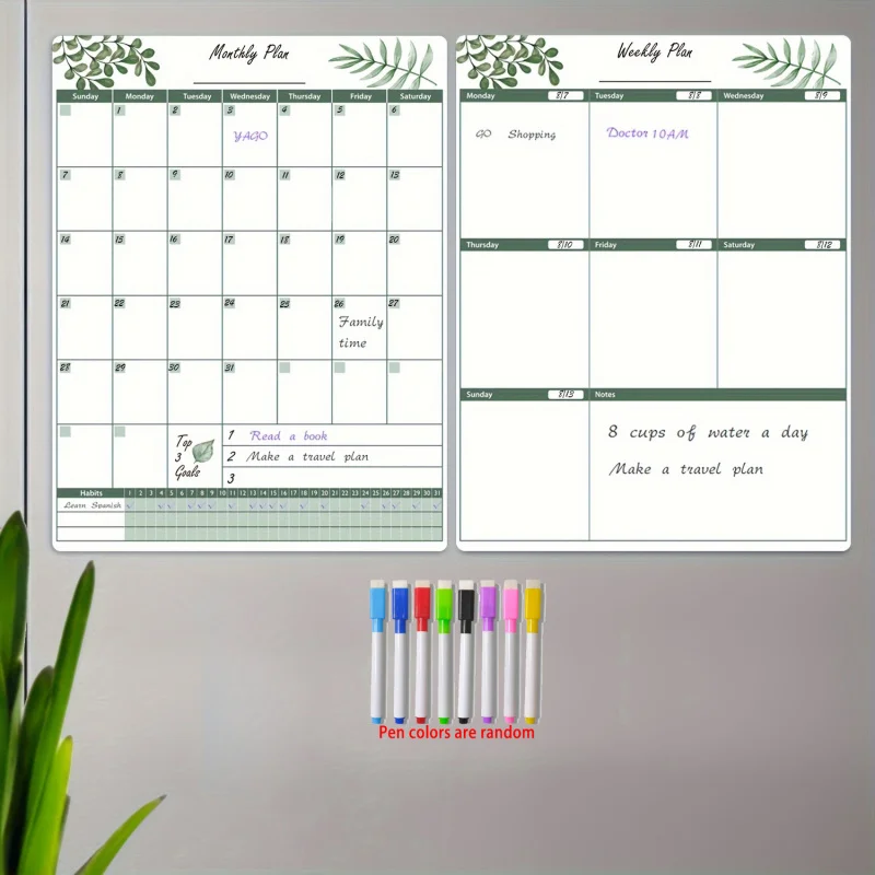 A large-sized magnetic refrigerator calendar set，Reusable green dry-erase refrigerator calendar-Waterproof monthly and weekly pl