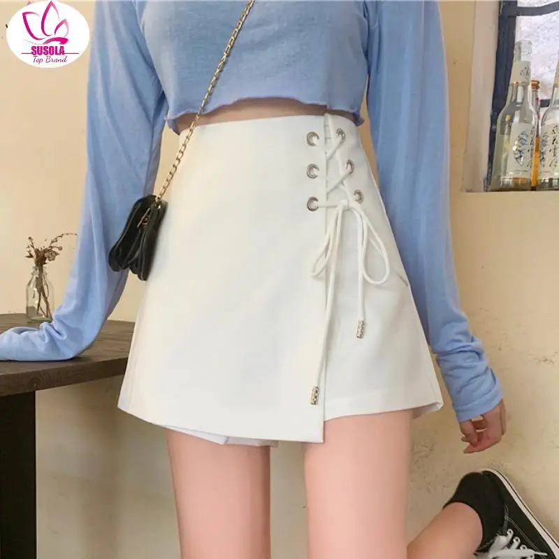 

SUSOLA Lady Summer New Trend Metal Pin Decorative Skirt Shorts Solid Color Lady High Waist Wide Leg Shorts Women Skirts