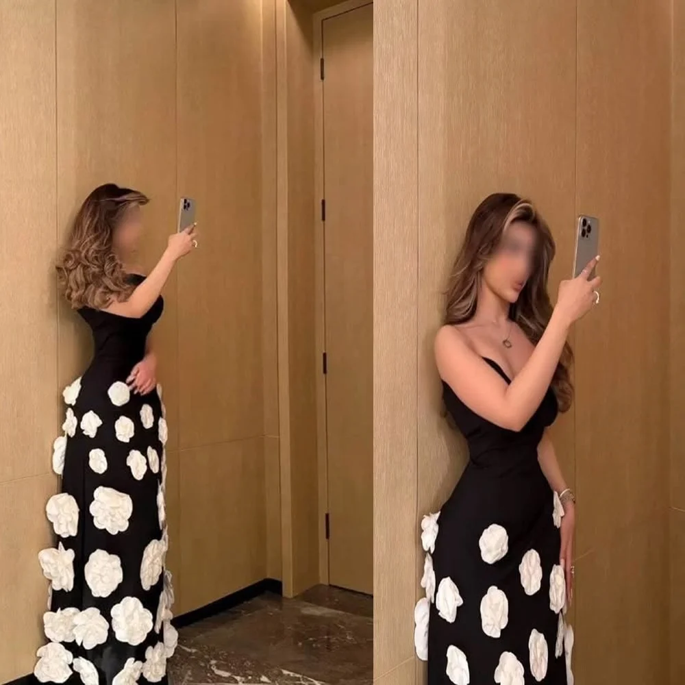 

Customized Graceful Boat Collar Satin Fromal Evening Dresses with 3D Flowers Long Backless Saudi Prom Gown for Women