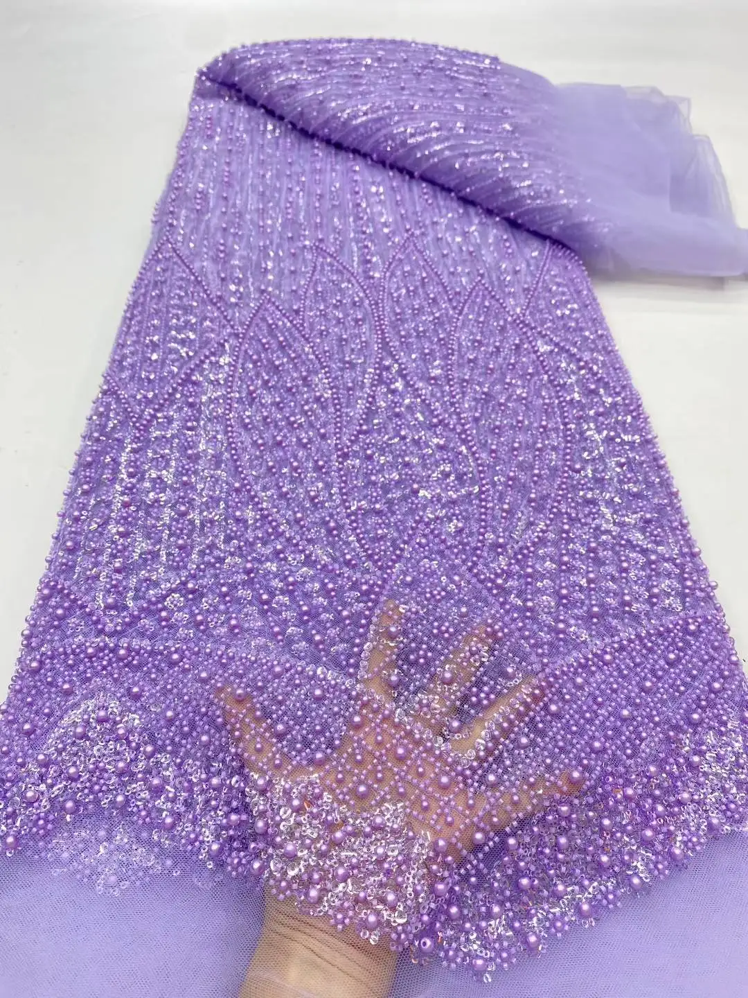 

Newest Luxury Heavy Bead Lace High Quality Net African Luxury Sequin Lace Fabric Embroidery 2025 Dresses for Wedding Bridal
