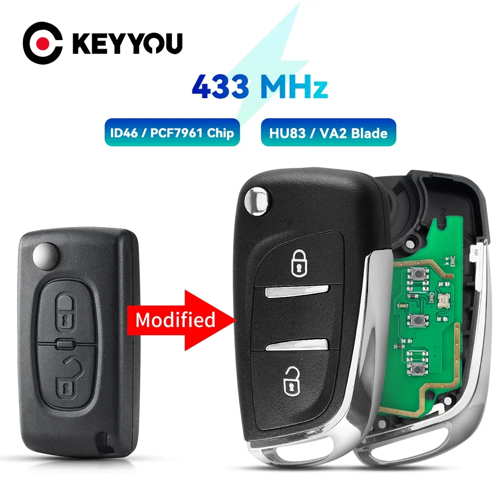 

KEYYOU CE0536 ASK/FSK 433MHz PCF7961 HU83/VA2 For Peugeot Partner 307 308 407 408 3008 Modified Flip 2/3 Buttons Remote Car key