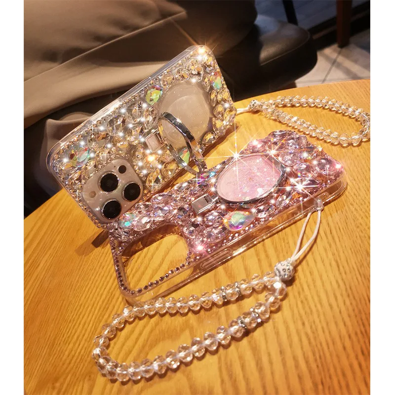 Full Diamond Protective Case with Hanging Rope for iPhone 13/14/15 Plus Pro Max, Luxury Design