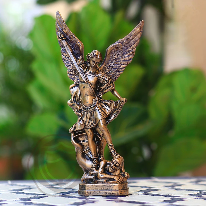 Saint Michael Resin Statue, Angel Sculpture Decoration, Archangel Defeated Lucifer, Tramples Demon Figurine, 31cm