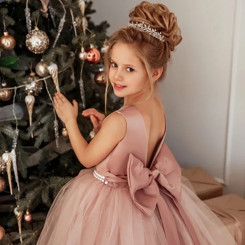 Girls Sleeveless Open Back Flower Girl Dress Tulle Ball Gown With Bow Detail Elegant Design For Formal Occasions Weddings