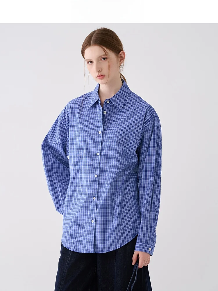 

Blue Plaid Casual irt Women's Spring 2026 New Jiujiu Vintage College Sle Cotton Long Sve irt Casual Top