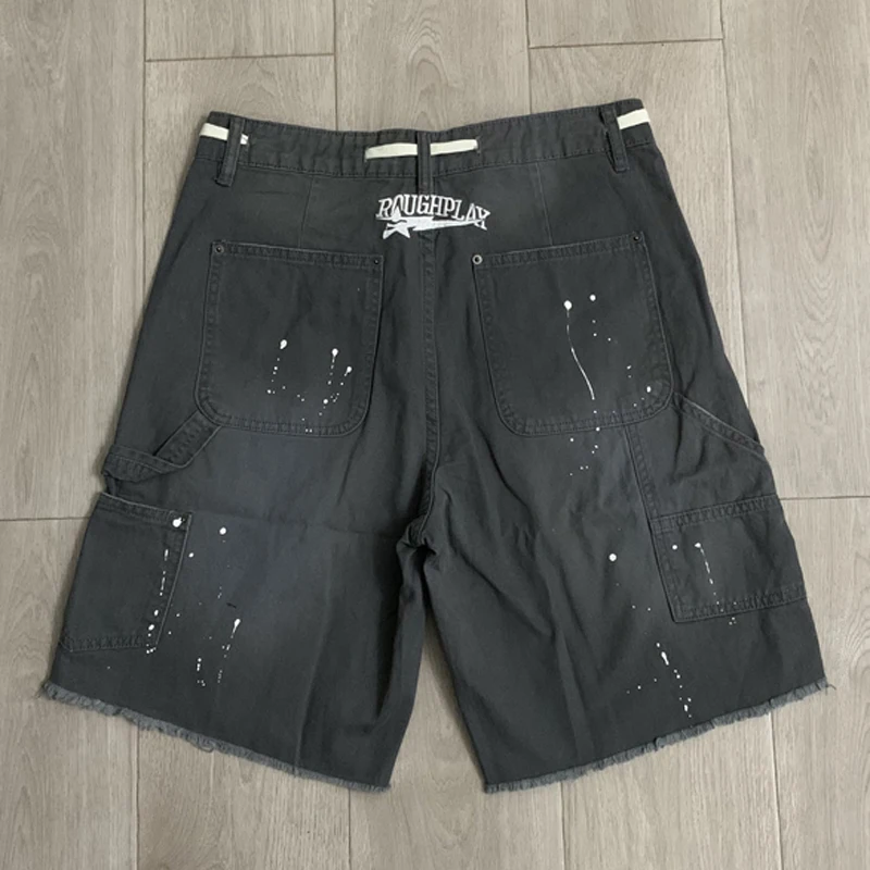 2026 ROUGH PLAY Casual Shorts High Quality Hip Hop Splashed-ink Pattern Ripped Cargo Shorts Unisex